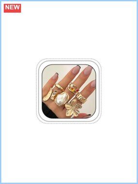Chunky Gold Hammered Stackable Rings Set Boho Pearl Crystal Statement